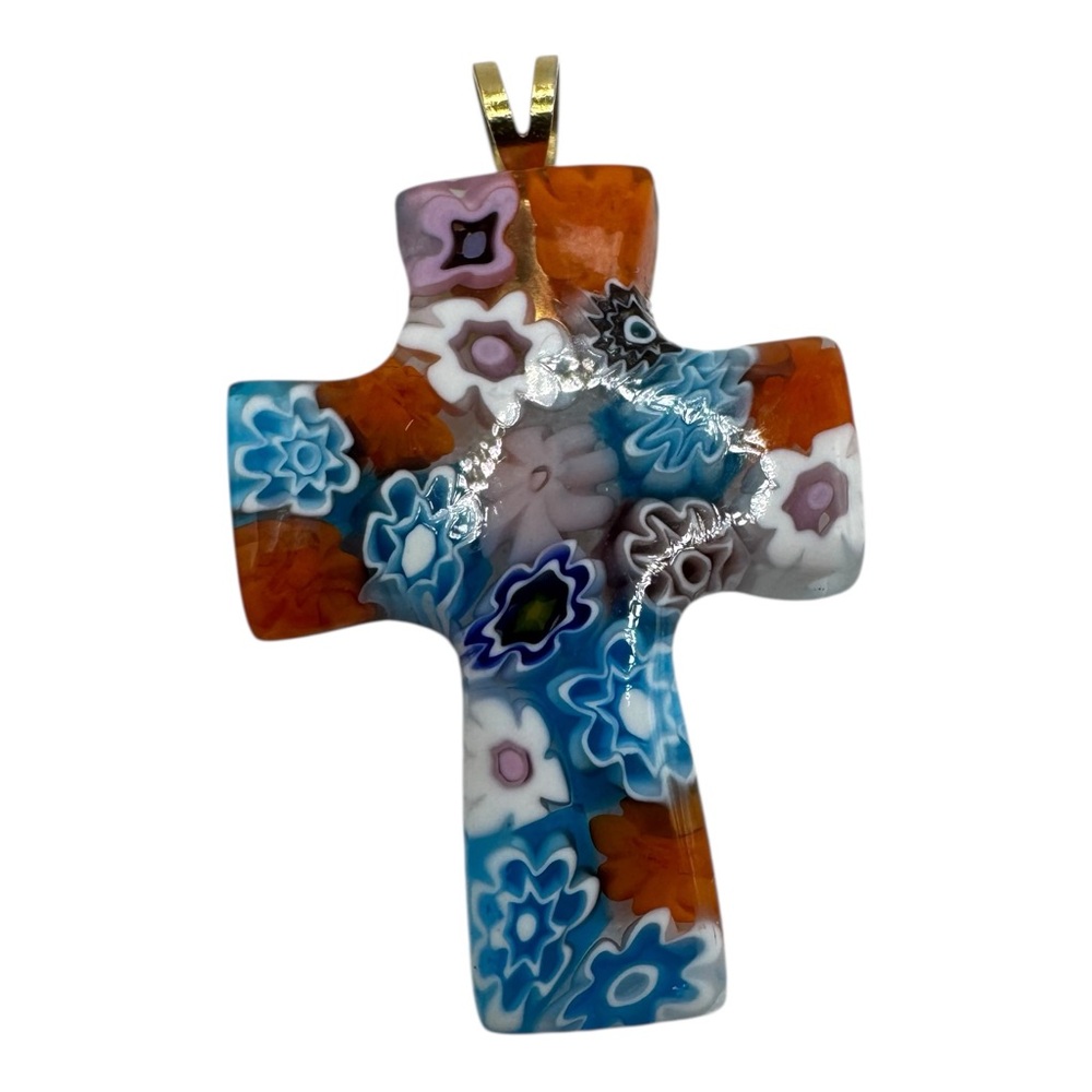1” Murano Style Millefiori Glass Cross Pendant Gold Tone Bail‎